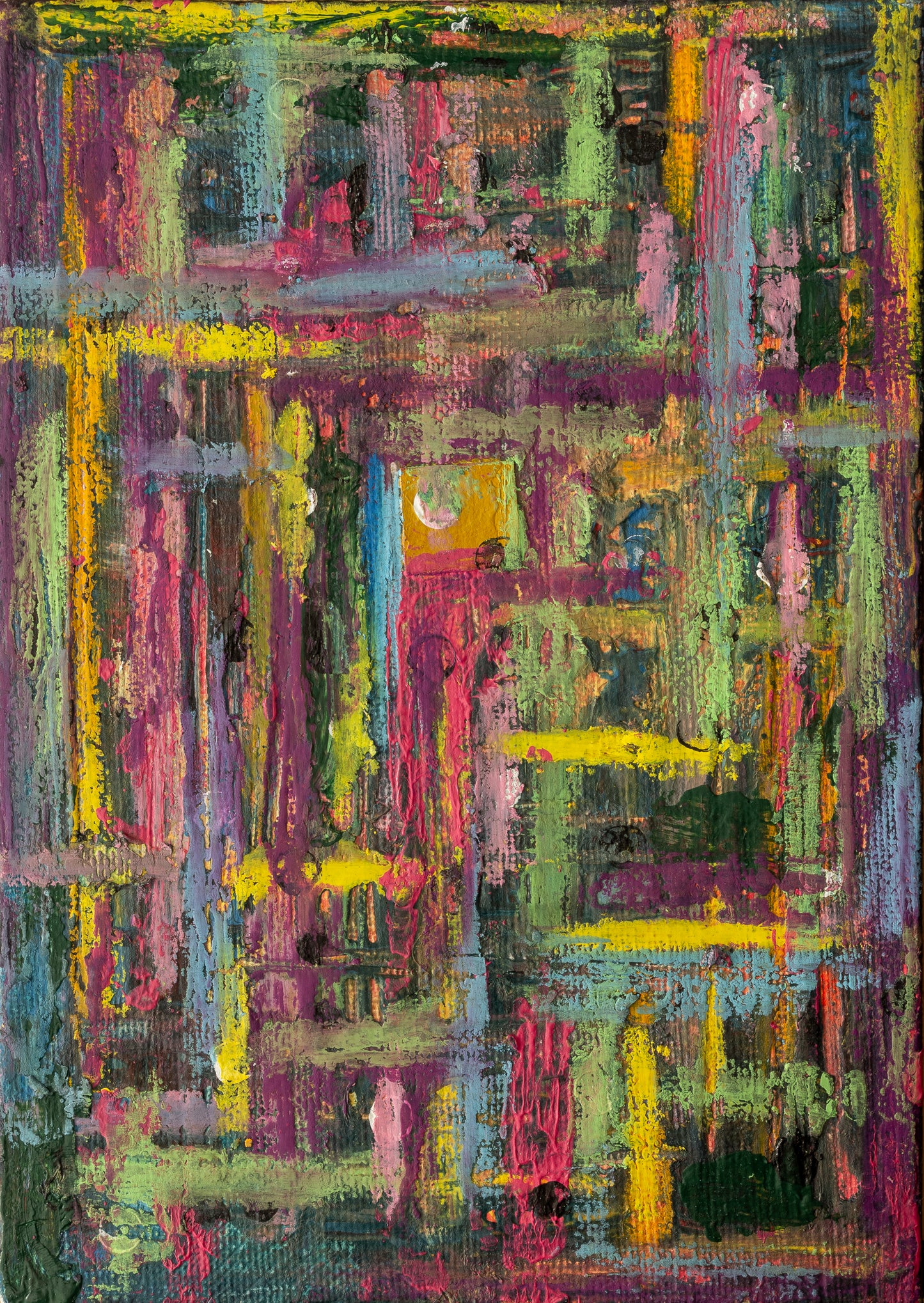 n abstract painting measuring 5 x 7 inches, created using water-soluble wax crayons on a gesso-primed canvas board. The artwork features an energetic composition of layered colours, including magenta, green, yellow, and blue, with bold strokes intersecting in a structured yet chaotic manner. The blending of pigments creates a rich texture, with areas of translucency and opacity adding depth and movement.