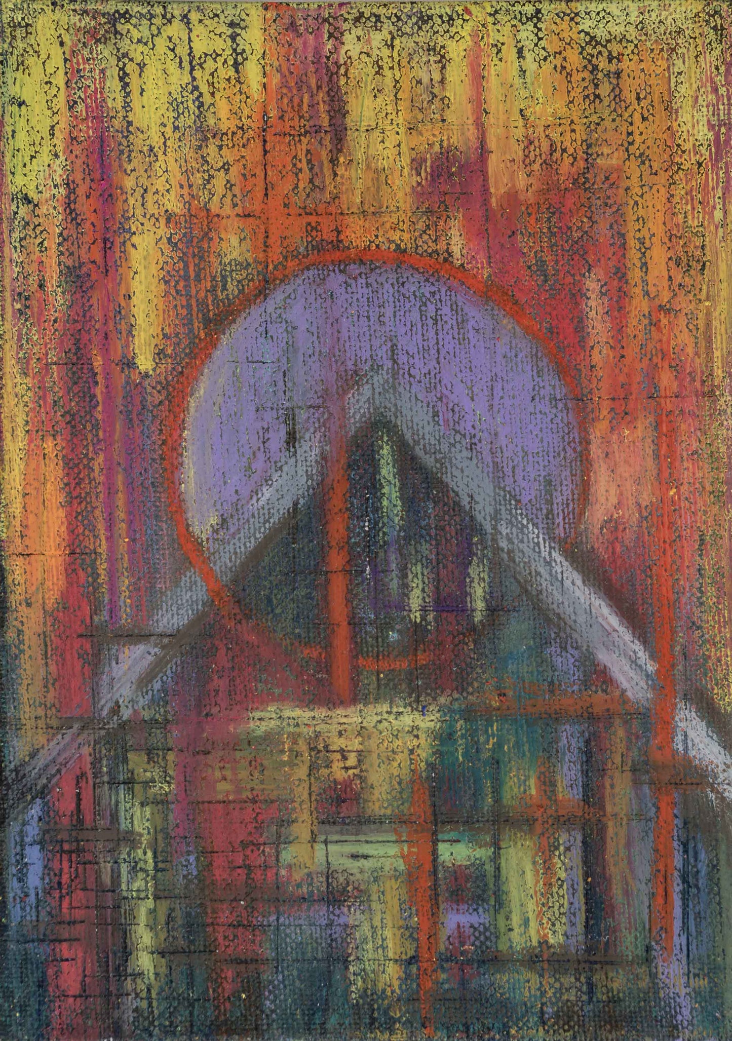 A textured abstract painting with bold, warm hues of red, yellow, and orange blending with cool purples and blues. A large circular shape, outlined in orange, dominates the upper section, intersected by geometric lines in shades of grey and deep green. The textured surface enhances the depth of the composition, with a layered, almost architectural quality. The use of water-soluble wax crayons softens edges and allows colours to merge organically, creating a dynamic, atmospheric effect. The small scale adds