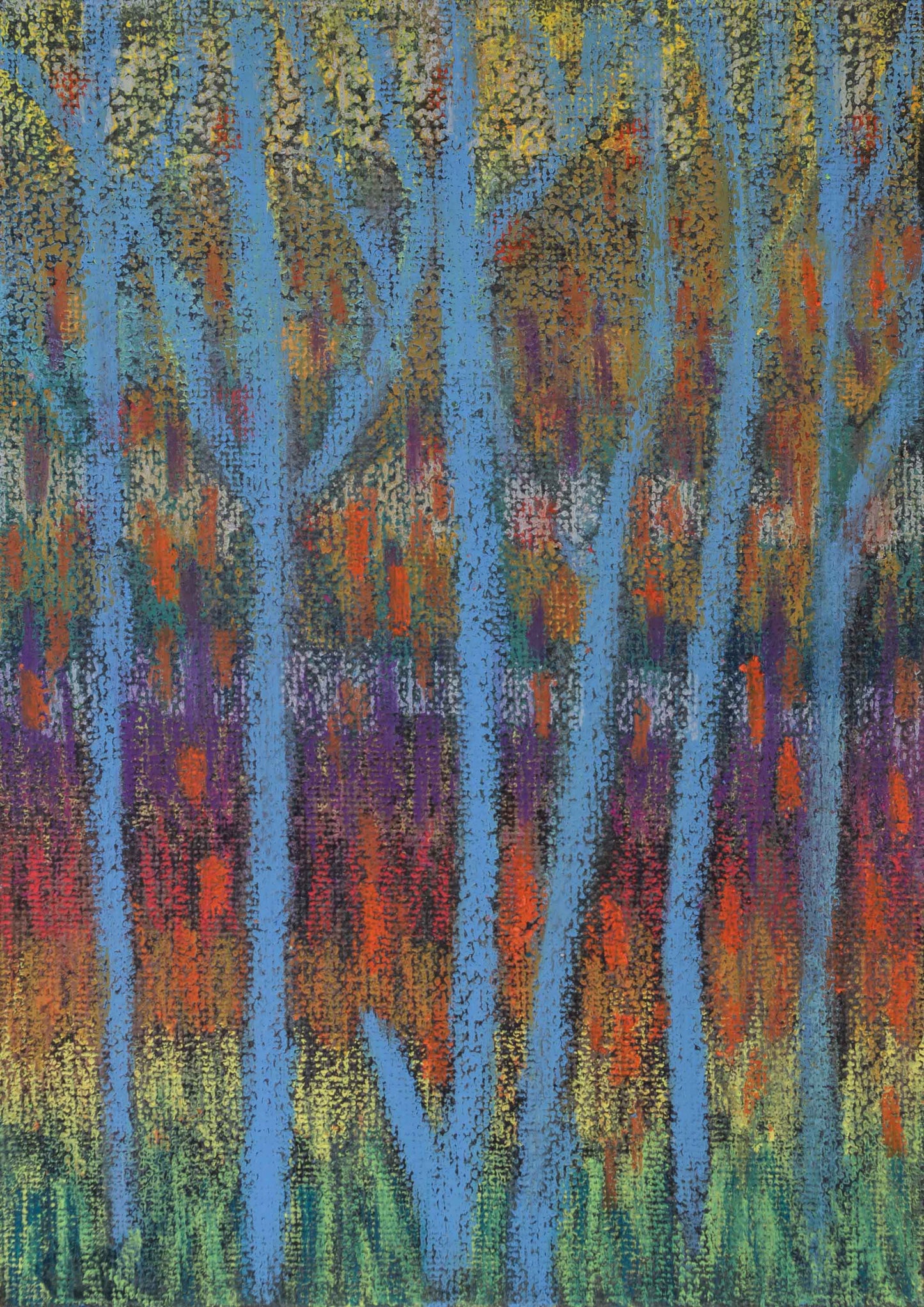 A small abstract painting featuring vertical, tree-like forms in shades of blue against a background of warm oranges, deep purples, and earthy greens. The wax crayon medium creates a textured, layered effect, where colour appears both diffused and structured. The contrast between the cool blue shapes and the rich, fiery hues behind them suggests a forest in shifting light, evoking a dreamlike atmosphere.