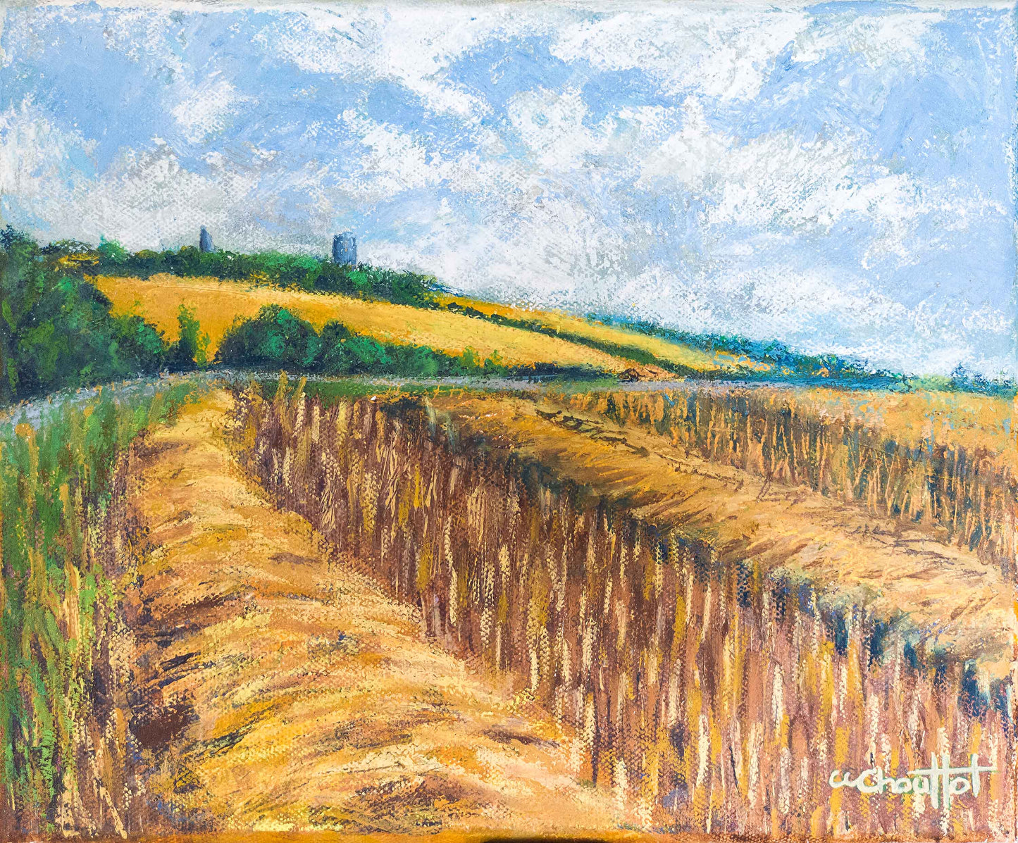 An expressive acrylic and wax crayon painting of Hadleigh Castle, with golden wheat fields stretching into the distance. The warm earthy hues contrast against the soft blue sky, creating depth and movement. The ruins of Hadleigh Castle sit subtly atop the distant hill, adding a sense of history to the scene. The rich textures and bold mark-making evoke the feel of a breezy late summer day.