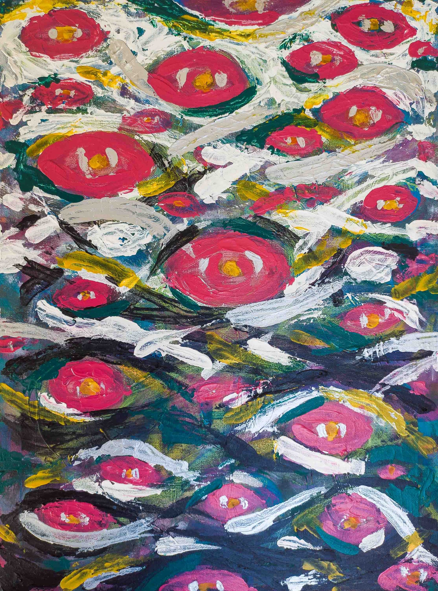 Abstract acrylic painting on stretched canvas featuring bold circular forms in magenta and crimson against deep, layered tones of green, blue, and black. Energetic sweeps of white and ochre cross the surface, suggesting movement and fleeting energy fields. The composition evokes the idea of virtual particles and unseen forces in constant motion, blending vibrant colour contrasts with expressive brushwork.