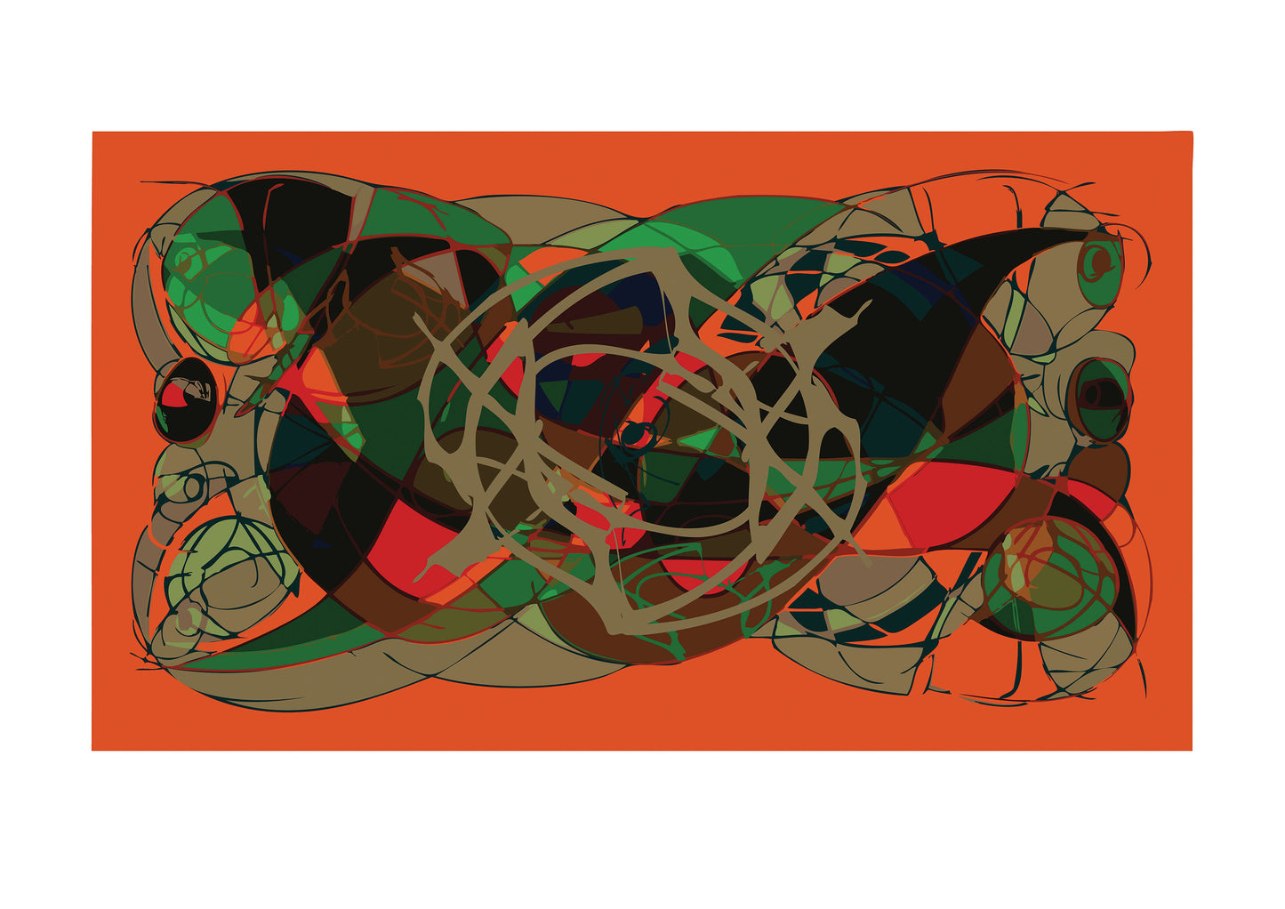 A contemporary abstract digital print featuring layered circular and oval shapes in green, red, black, and brown, arranged in an overlapping pattern. Bold, hand-drawn lines loop across the composition, giving a sense of motion and tangle. A vivid orange background frames the visual chaos, creating warmth and contrast. The print is 594 x 420 mm, including a white border with a hand-signed edition detail.