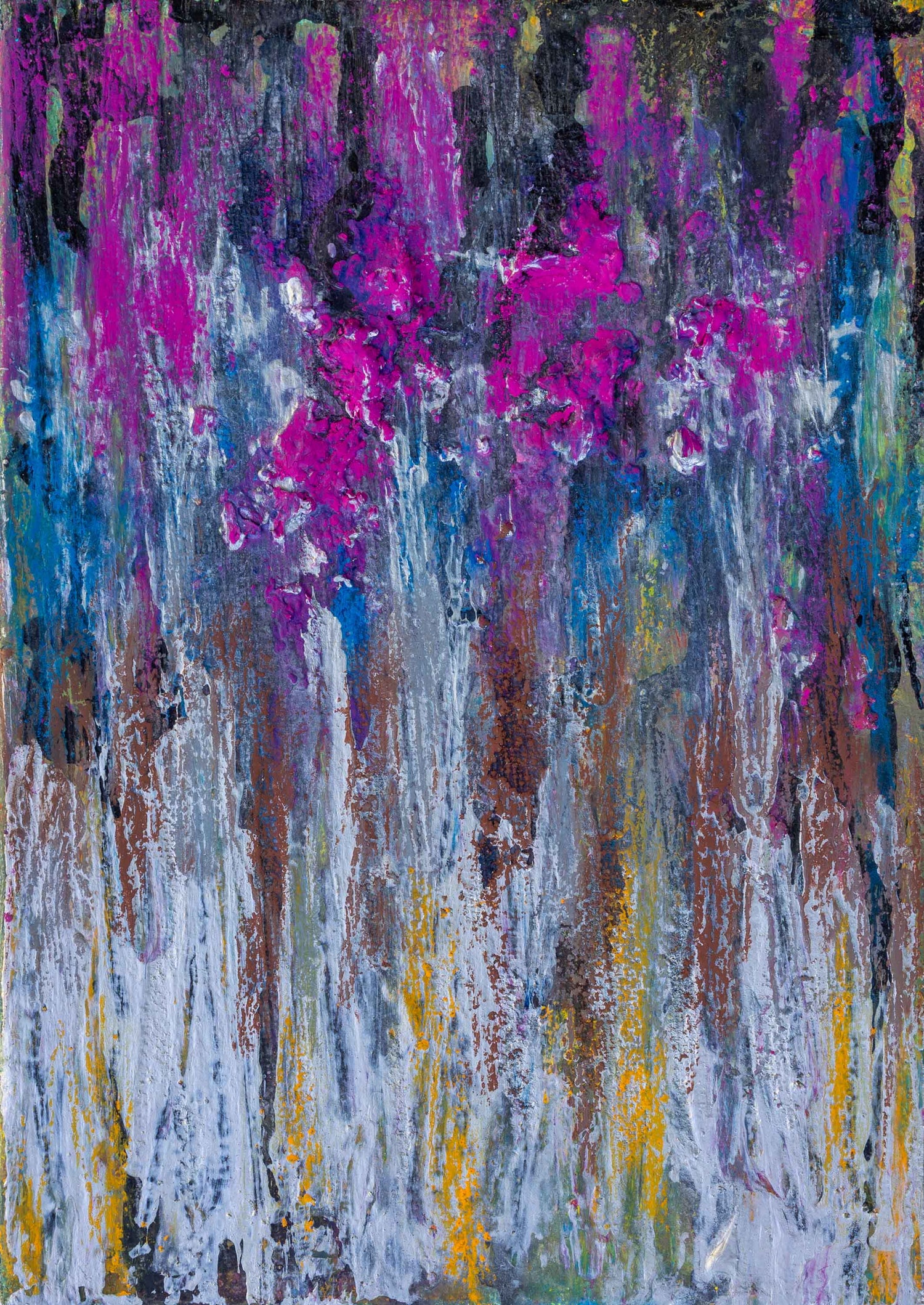 A small abstract painting featuring expressive vertical streaks and bold fuchsia accents. The artwork combines water-soluble wax crayon and acrylic on a textured canvas board. Dominated by deep magentas, layered over smoky greys, whites, and earthy browns, the colours drip and blend downwards, giving a sense of movement. Bright touches of yellow and blue add depth and contrast. The surface is richly layered, with areas of thick texture and fine lines, creating an energetic, weathered effect.
