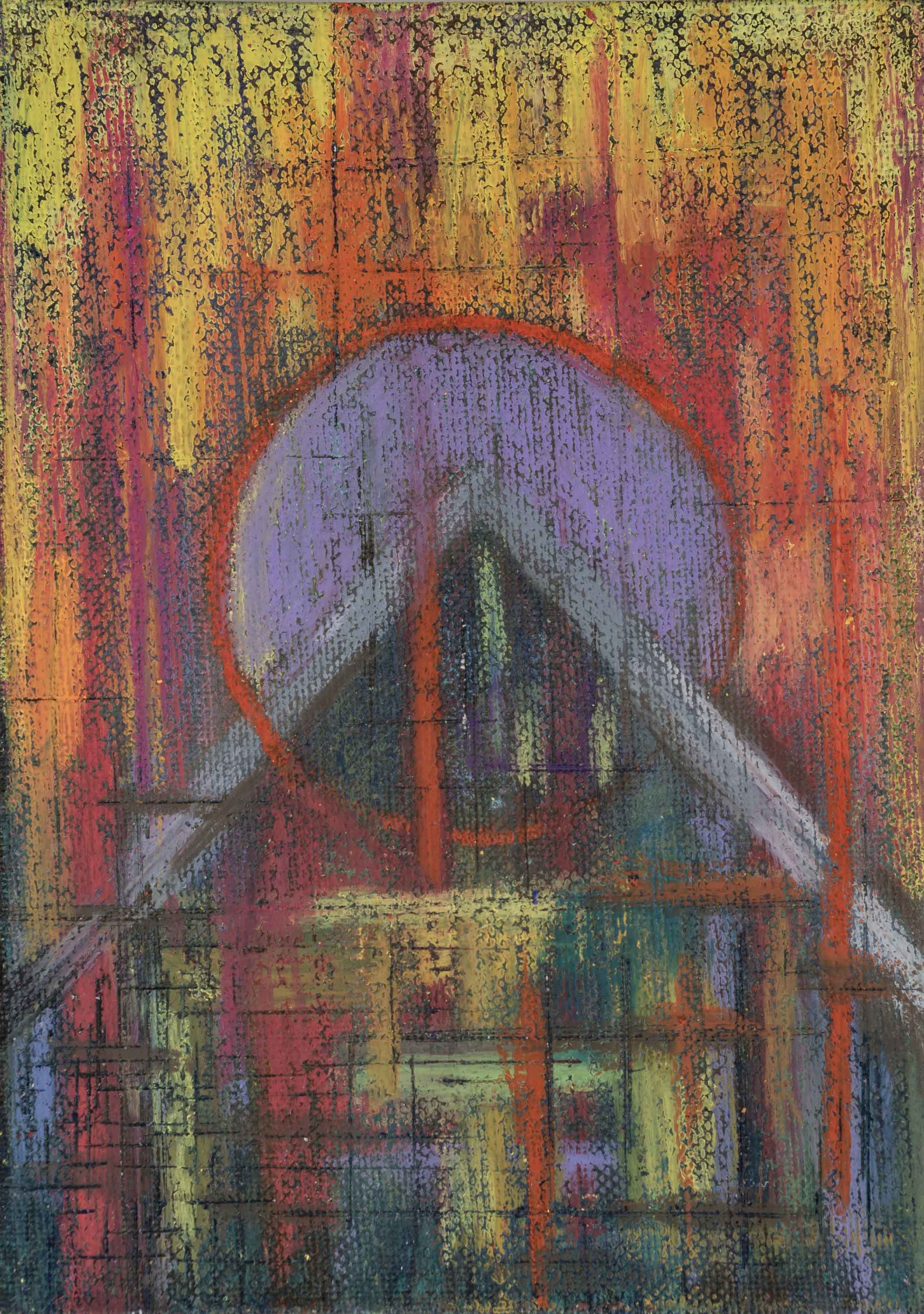 A textured abstract painting with bold, warm hues of red, yellow, and orange blending with cool purples and blues. A large circular shape, outlined in orange, dominates the upper section, intersected by geometric lines in shades of grey and deep green. The textured surface enhances the depth of the composition, with a layered, almost architectural quality. The use of water-soluble wax crayons softens edges and allows colours to merge organically, creating a dynamic, atmospheric effect. The small scale adds 