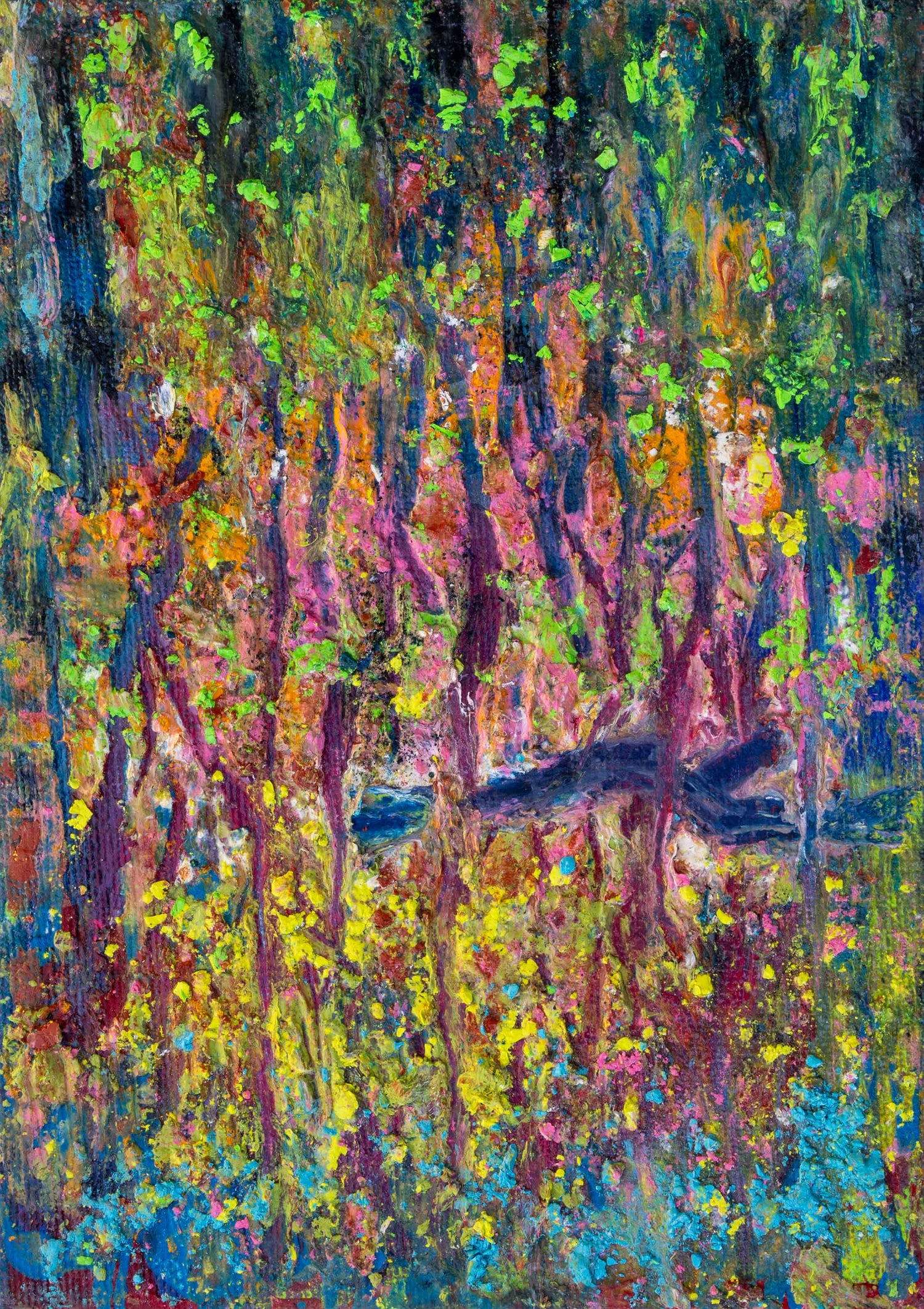 Abstract artwork with vibrant, textured layers in yellows, pinks, greens, and blues, titled Ember Glow.