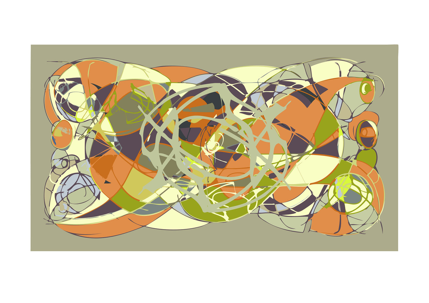 Abstract artwork with swirling patterns in orange, green, and black on a beige background