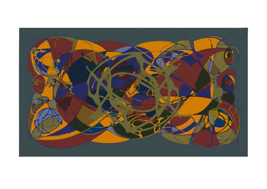 Abstract artwork with swirling patterns in red, blue, yellow, and green on a dark background