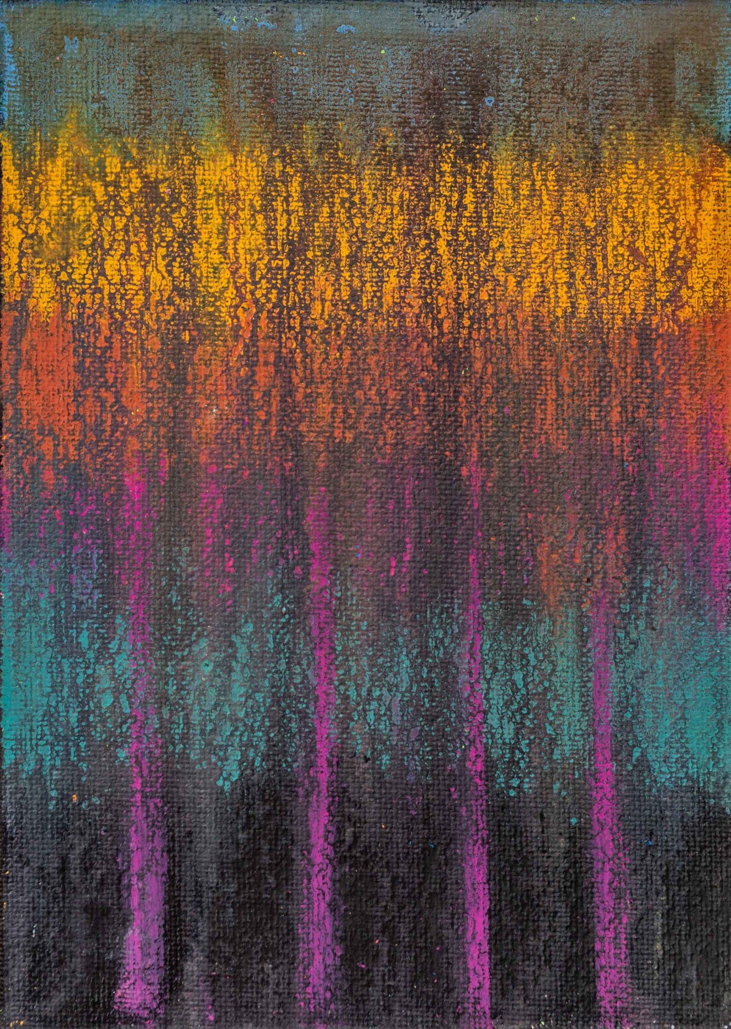 Abstract painting on a 5x7-inch canvas board, created with water-soluble wax crayons. The artwork features a textured composition with a blend of deep greens, warm oranges, and hints of soft purple. Dark vertical elements emerge from the lower section, contrasting with the glowing, fiery hues at the top. The fluid transitions of colour and layered texture create a dreamlike, atmospheric quality.