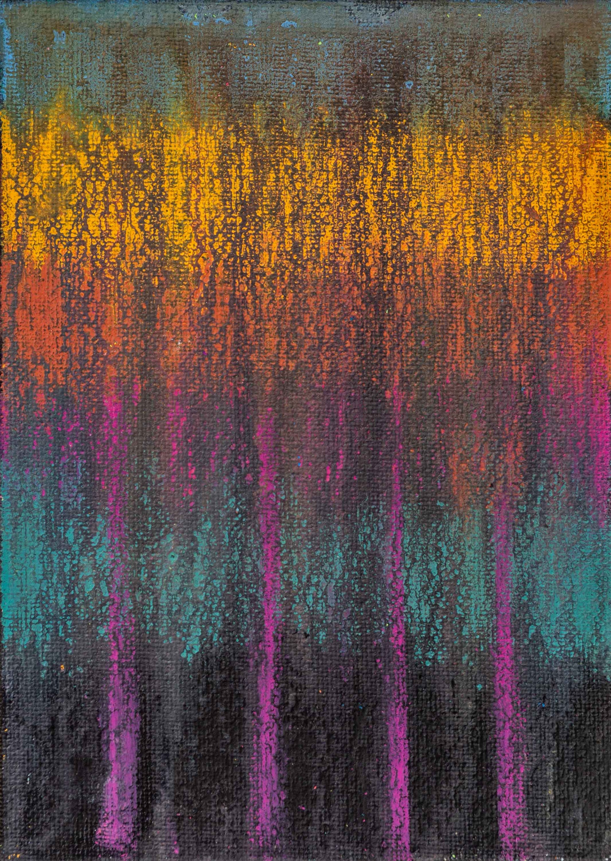 Abstract painting on a 5x7-inch canvas board, created with water-soluble wax crayons. The artwork features a textured composition with a blend of deep greens, warm oranges, and hints of soft purple. Dark vertical elements emerge from the lower section, contrasting with the glowing, fiery hues at the top. The fluid transitions of colour and layered texture create a dreamlike, atmospheric quality.