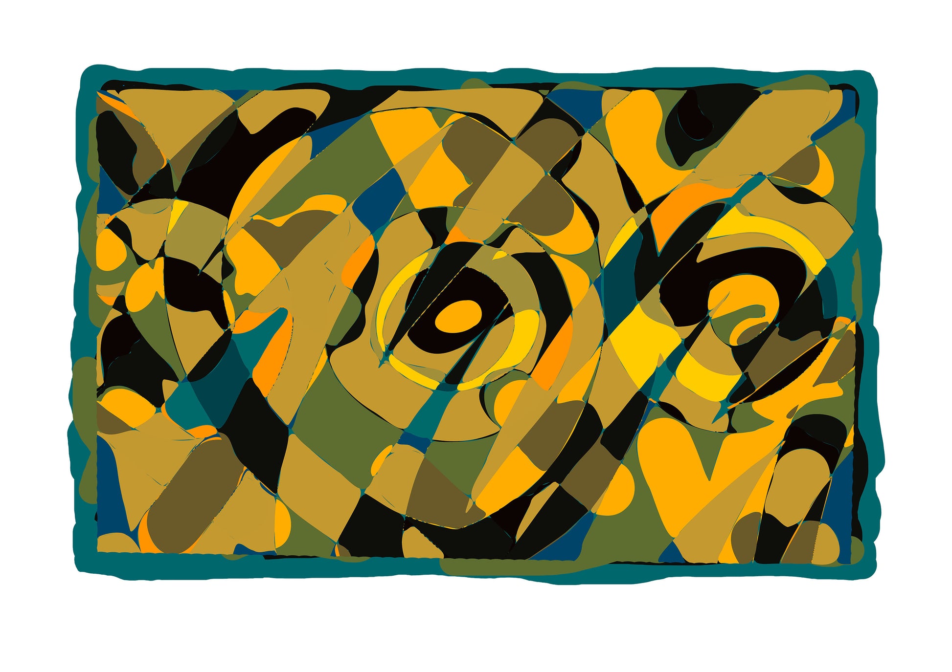 An abstract digital artwork featuring interwoven geometric and organic shapes in gold, black, deep green, and teal. Bold curved forms intersect with diagonal lines, creating a sense of movement and energy. The composition has a rich, layered texture that suggests depth and complexity, framed by a strong teal border. The dynamic interplay of colours and shapes evokes a sense of both chaos and balance, making this a striking contemporary piece.