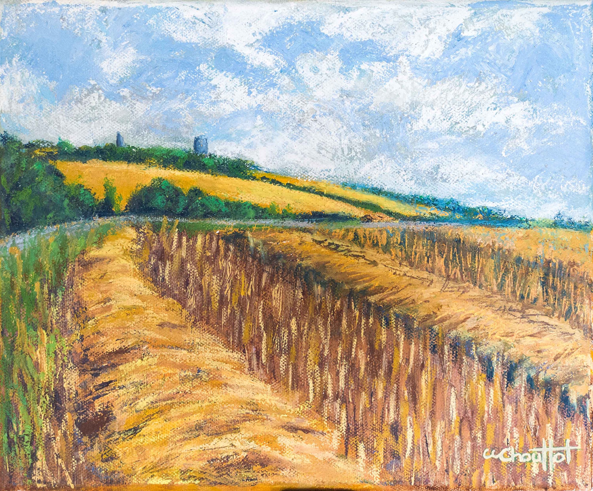 An expressive acrylic and wax crayon painting of Hadleigh Castle, with golden wheat fields stretching into the distance. The warm earthy hues contrast against the soft blue sky, creating depth and movement. The ruins of Hadleigh Castle sit subtly atop the distant hill, adding a sense of history to the scene. The rich textures and bold mark-making evoke the feel of a breezy late summer day.