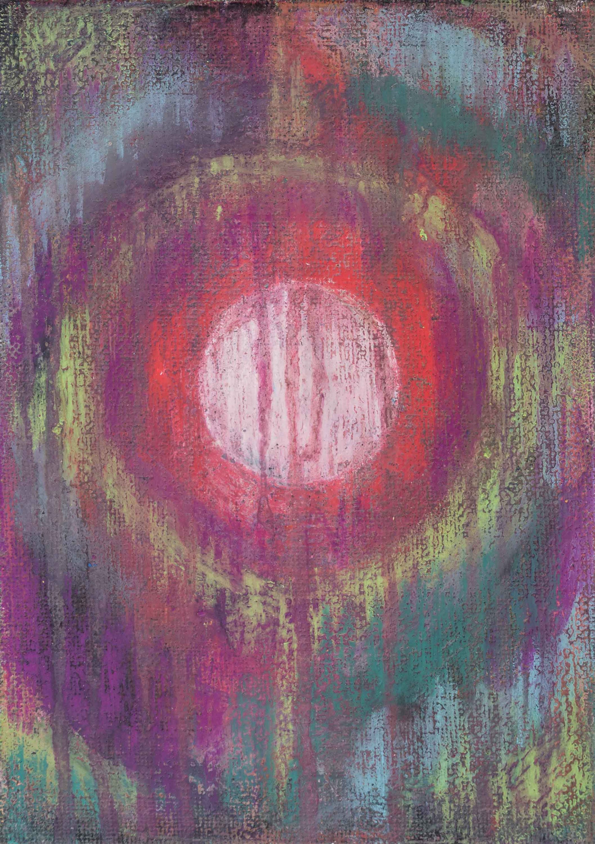 A textured abstract painting created with water-soluble wax crayons on gesso-primed canvas board. A central white oval contrasts against a layered, halo-like composition of reds, purples, greens, and blues. Pigments bleed and blend organically, revealing the fluid nature of the medium. The rough surface adds depth, with drips and streaks enhancing the expressive quality of the piece.