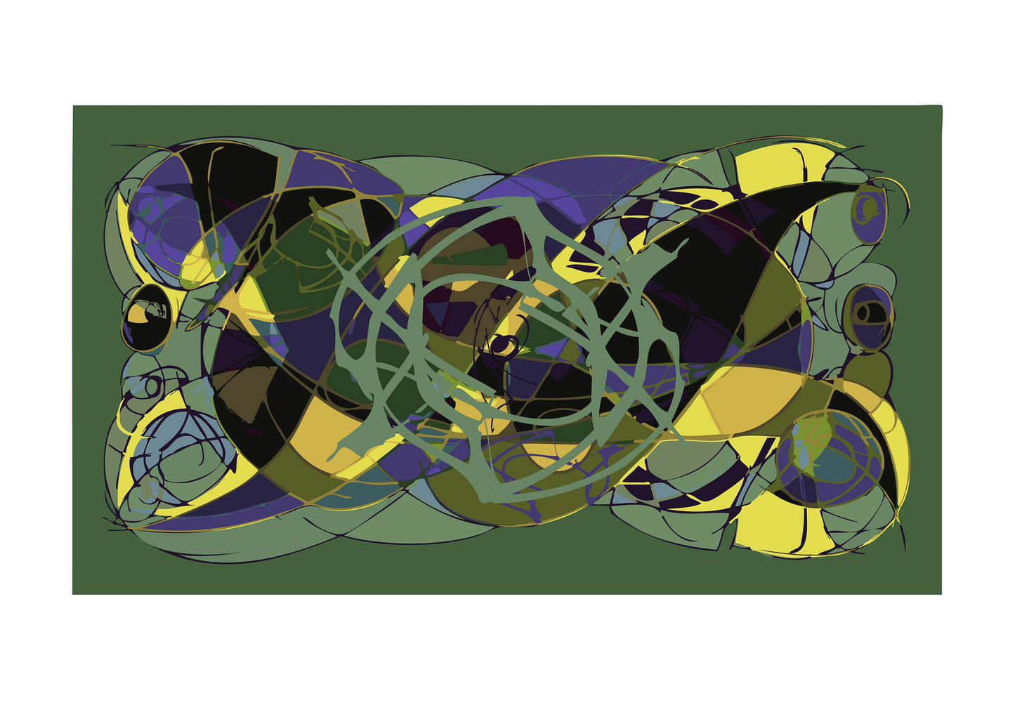 Abstract art piece with interwoven shapes in green, yellow, and purple on a green background