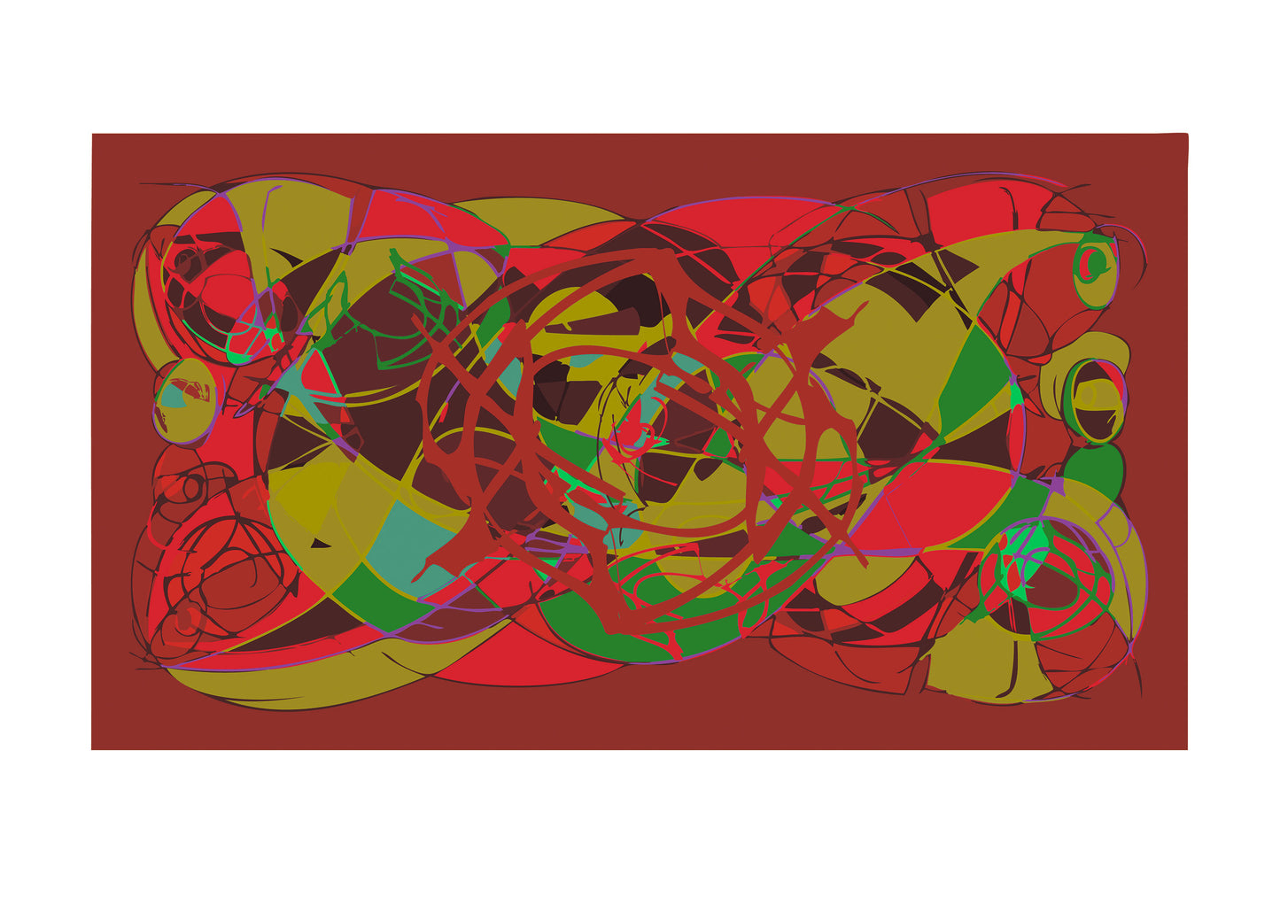 Abstract artwork with colorful circular shapes on a red background