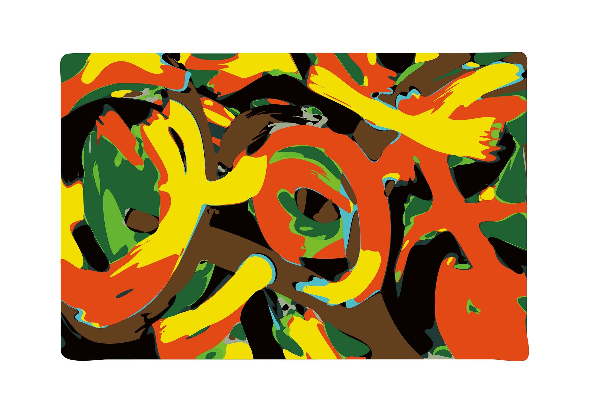 A contemporary digital artwork featuring bold, abstract strokes in vibrant shades of orange, yellow, green, and black. The swirling, overlapping forms create an intense sense of movement and energy. The composition is chaotic yet balanced, with sharp edges blending into fluid, organic curves. The piece is presented with a white border containing the artist's signature and edition details, adding an exclusive, collectible element to the print.