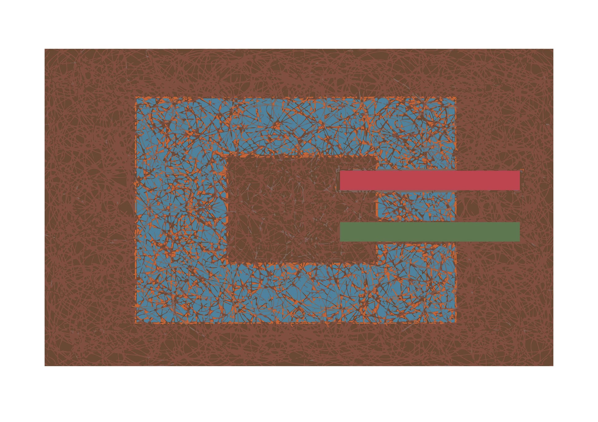 A contemporary abstract digital print featuring layered rectangles in brown, blue, and earthy hues, intersected by red and green horizontal bars. The surface is textured with fine, chaotic lines, adding depth and an organic feel. The composition has a structured yet dynamic presence, making it a striking visual piece. Signed and numbered by the artist, it is part of a limited-edition series.